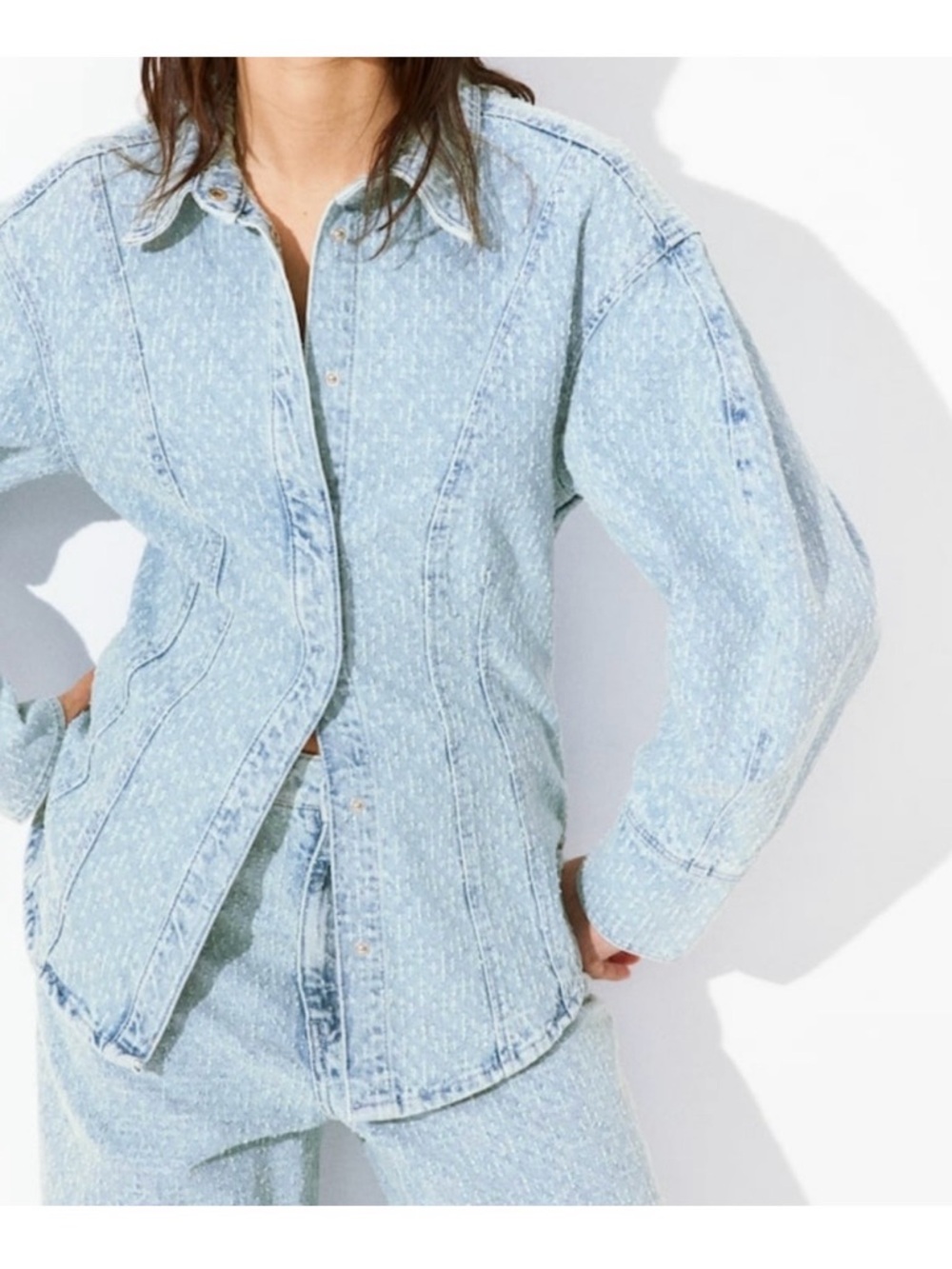 H&M Light Blue Wash Bouclè Button-Down Denim Shirt